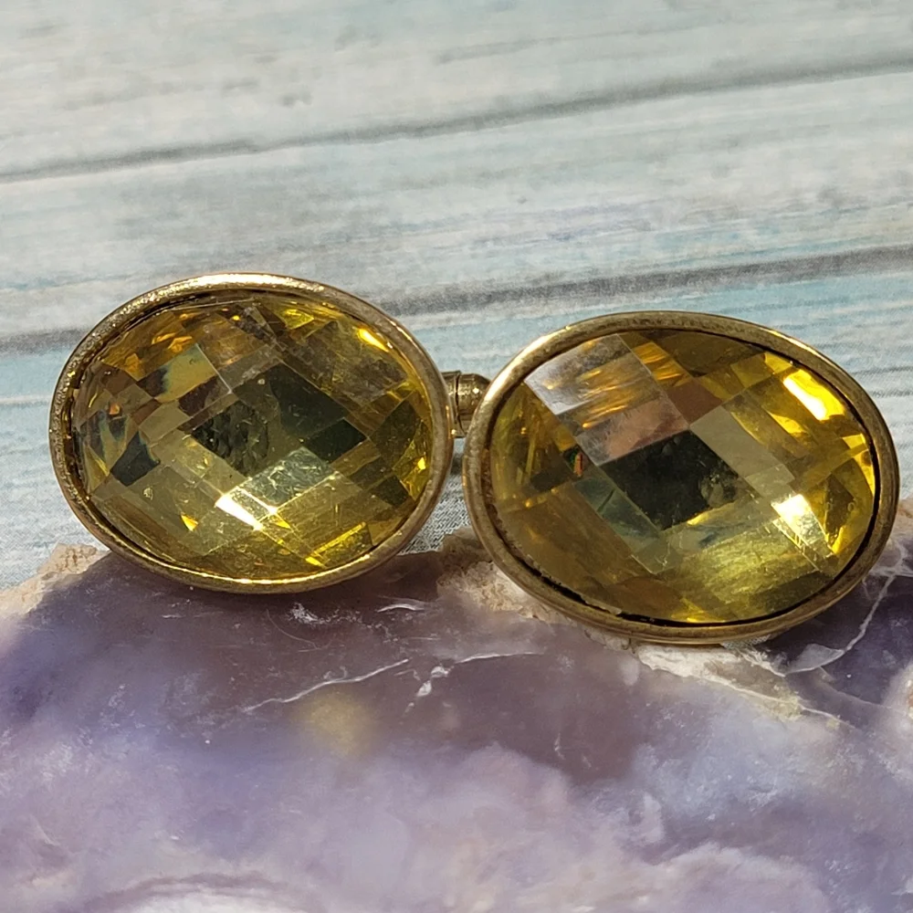 Yellow Plastic rhinestone Cuff Links.